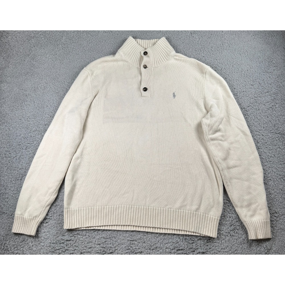 Polo Ralph Lauren Turtle‎ Neck Jumper Men's L Cream Ivory Cotton Sweater Henley